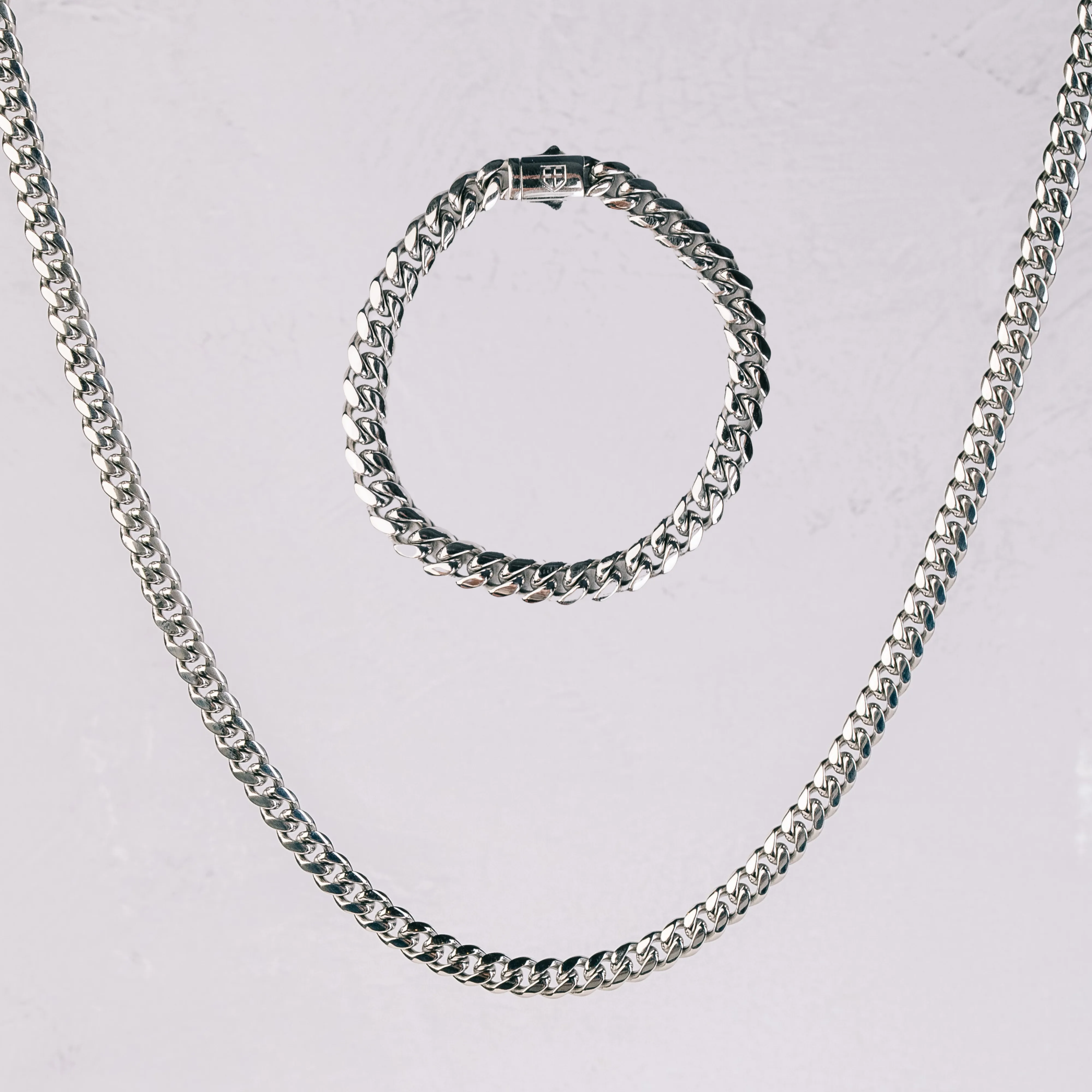 CUBAN Chain 2pc. Set 18K White Gold - 8mm