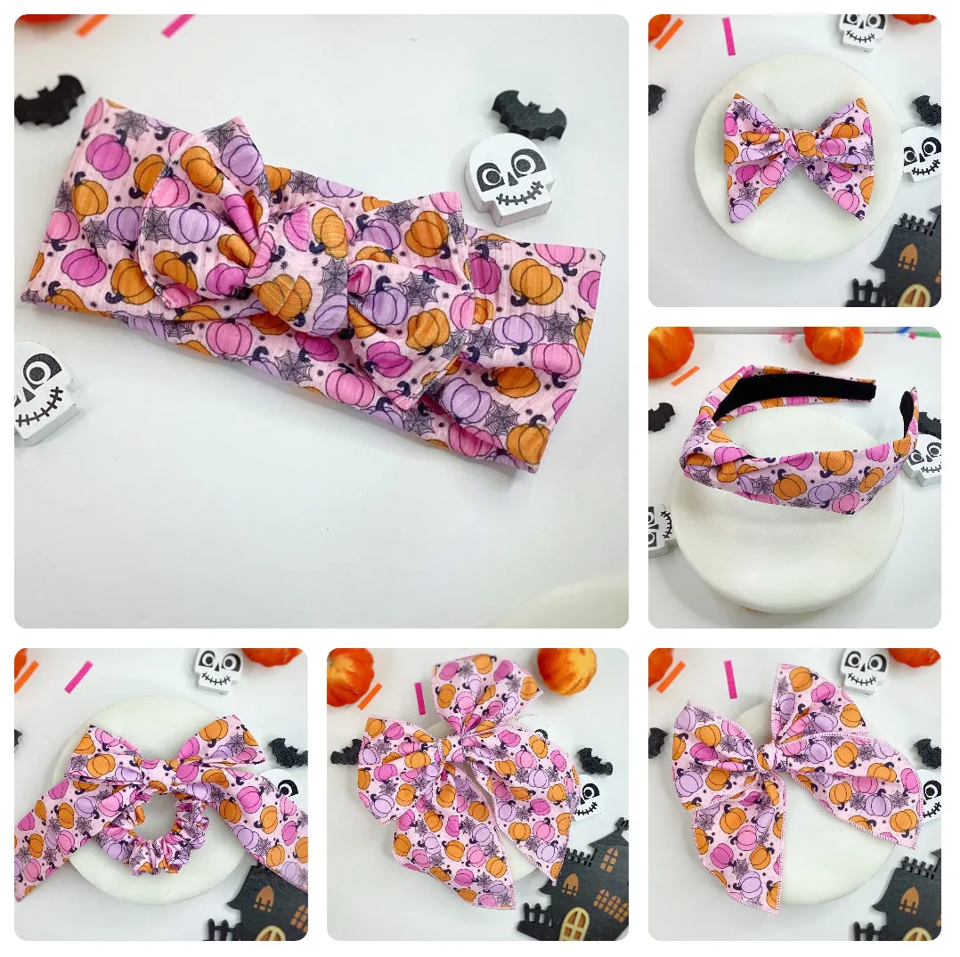Cutesy Pink Pumpkins Bow Strip, Baby Headwrap and Scrunchie Collection