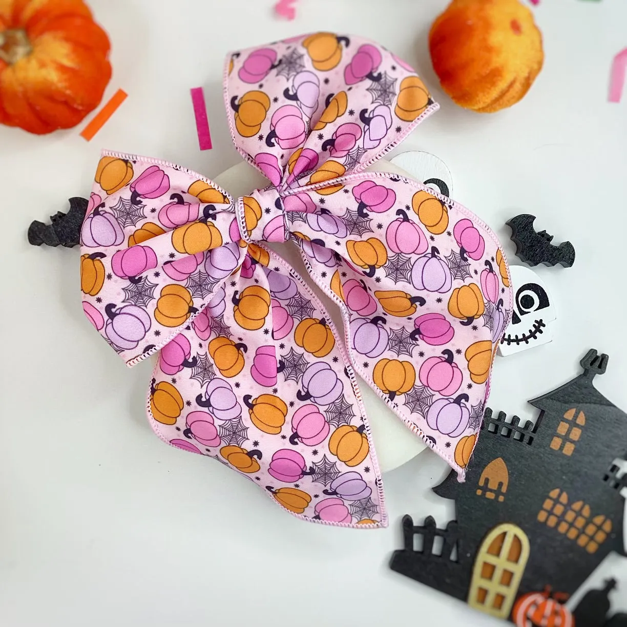 Cutesy Pink Pumpkins Bow Strip, Baby Headwrap and Scrunchie Collection