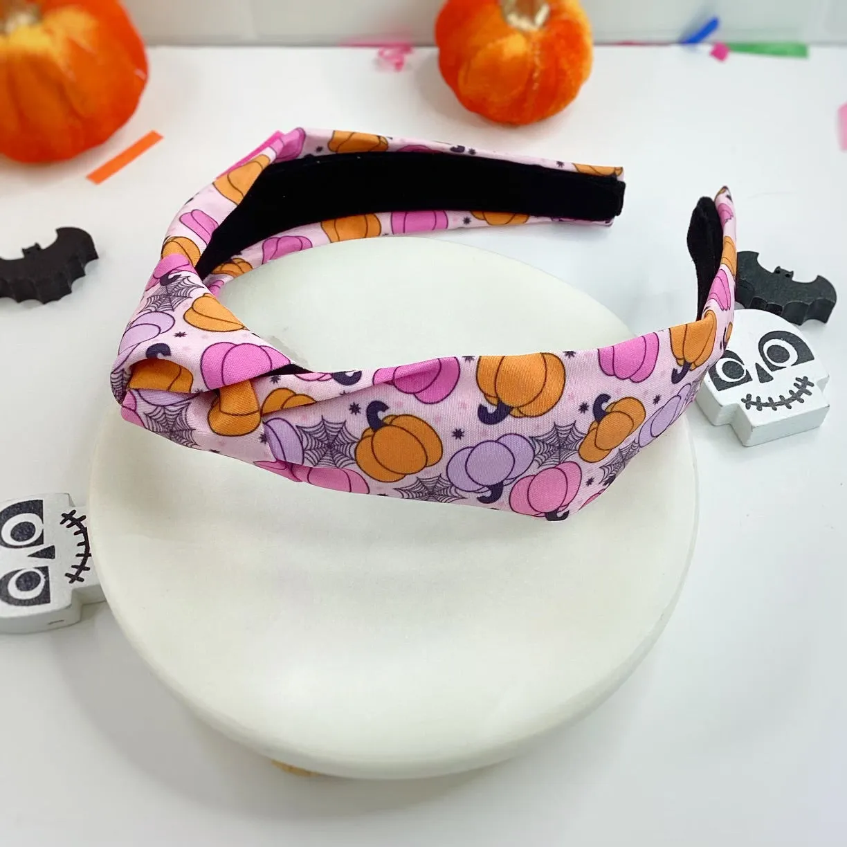 Cutesy Pink Pumpkins Bow Strip, Baby Headwrap and Scrunchie Collection