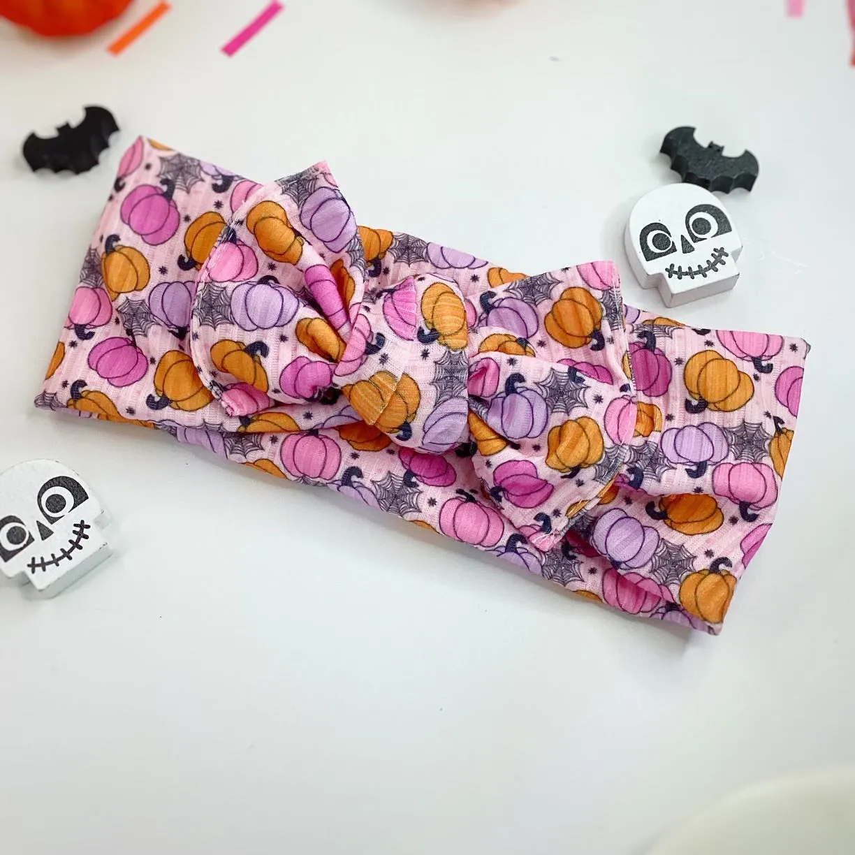 Cutesy Pink Pumpkins Bow Strip, Baby Headwrap and Scrunchie Collection