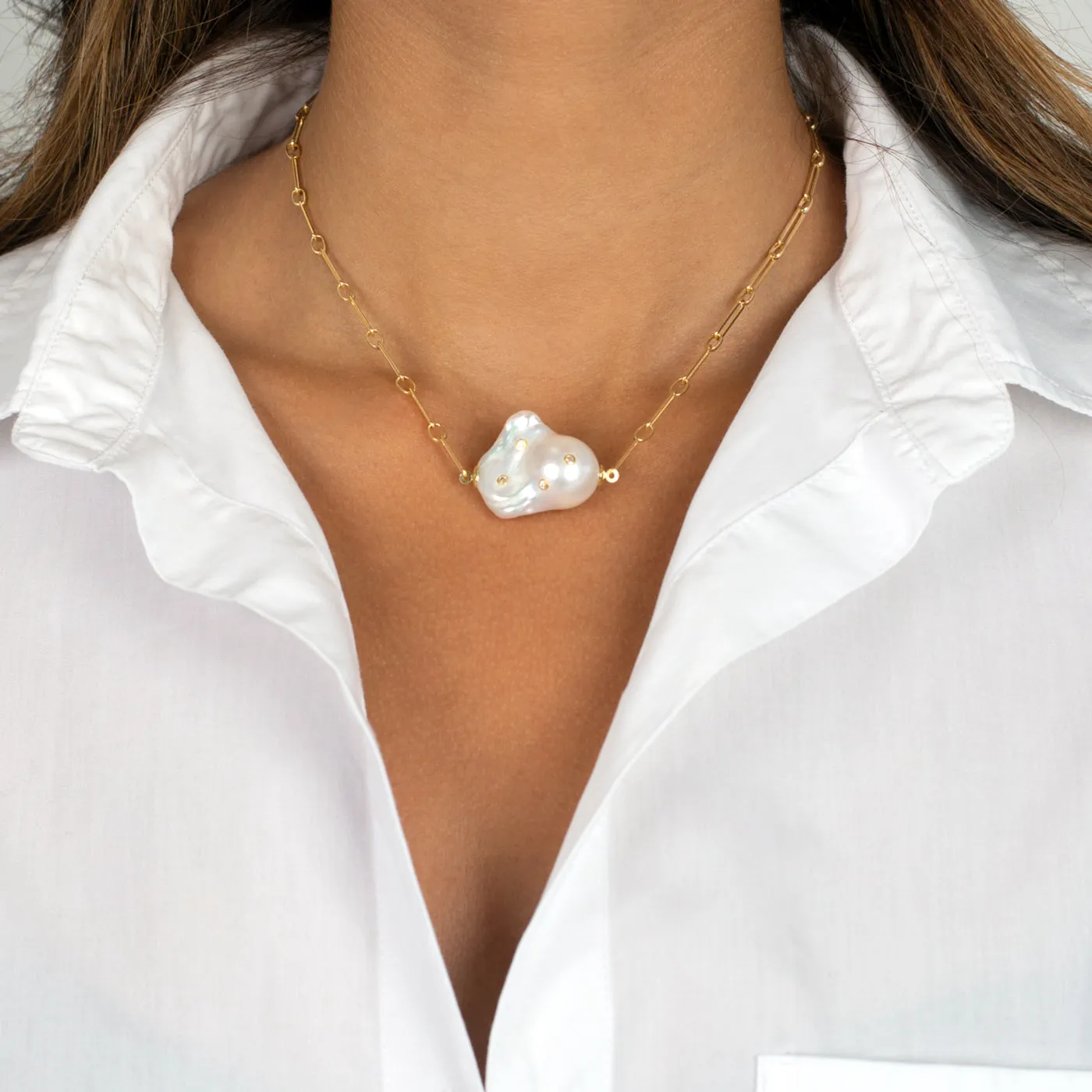 CZ Bezel X Paperclip Pearl Chain Necklace