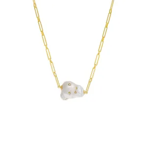 CZ Bezel X Paperclip Pearl Chain Necklace