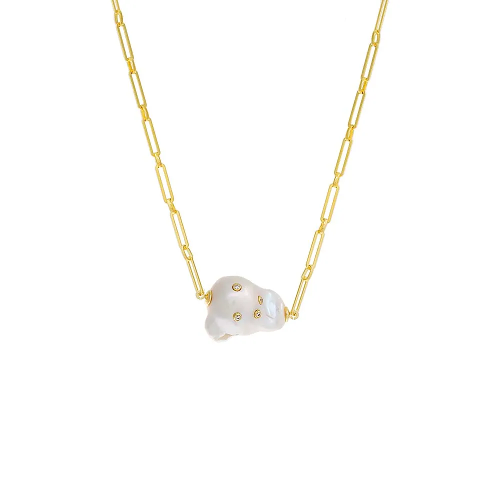 CZ Bezel X Paperclip Pearl Chain Necklace
