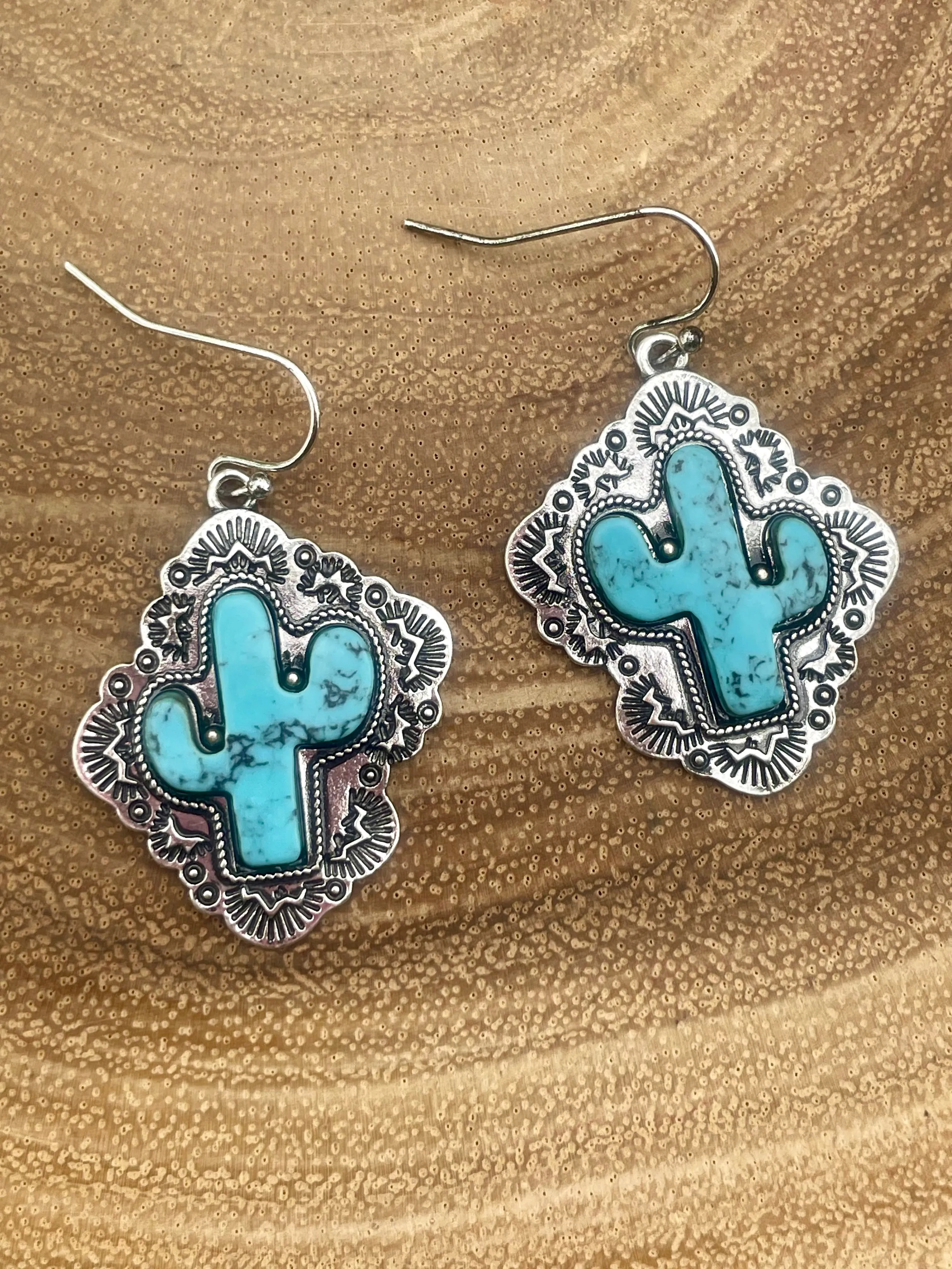 Dusty Framed Stone Cactus Necklace Or Earrings - Turquoise