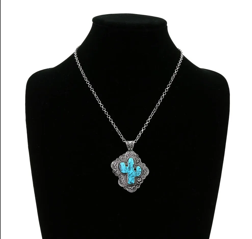 Dusty Framed Stone Cactus Necklace Or Earrings - Turquoise