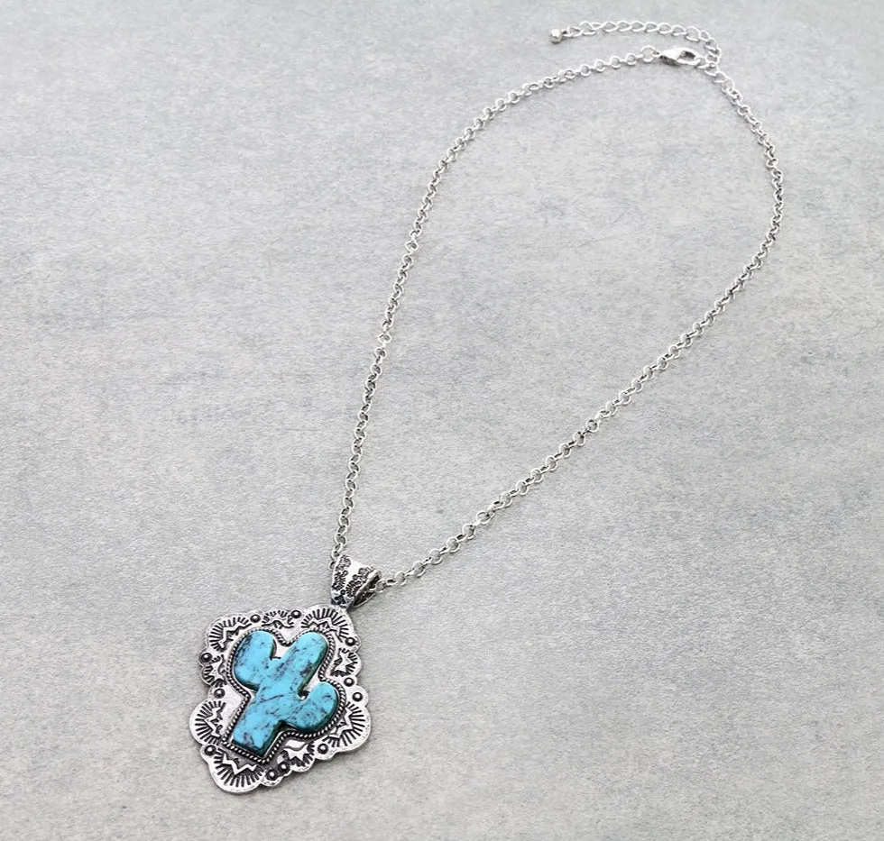 Dusty Framed Stone Cactus Necklace Or Earrings - Turquoise