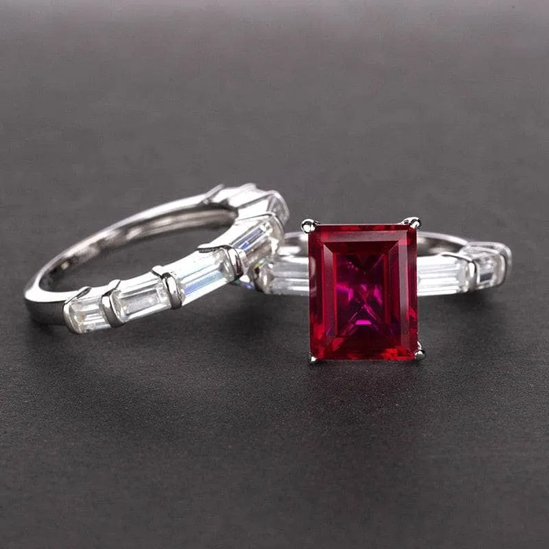 Emerald Cut Ruby Vintage Wedding Ring Set
