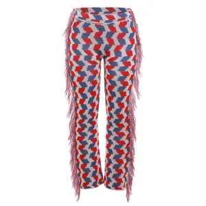 European and American Style2023Fall Women's Clothing New Casual High Waist Knit Tassel Contrast Color Slim Fit Street Shot Flared Casual Pants