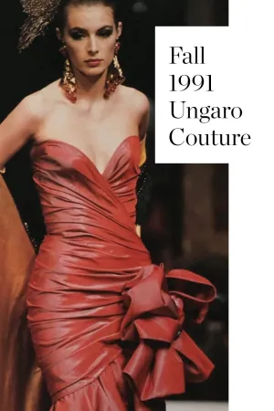 Fall 1991 Emanuel Ungaro  Haute Couture Runway Strapless Hand Draped Silk Dress w Bow
