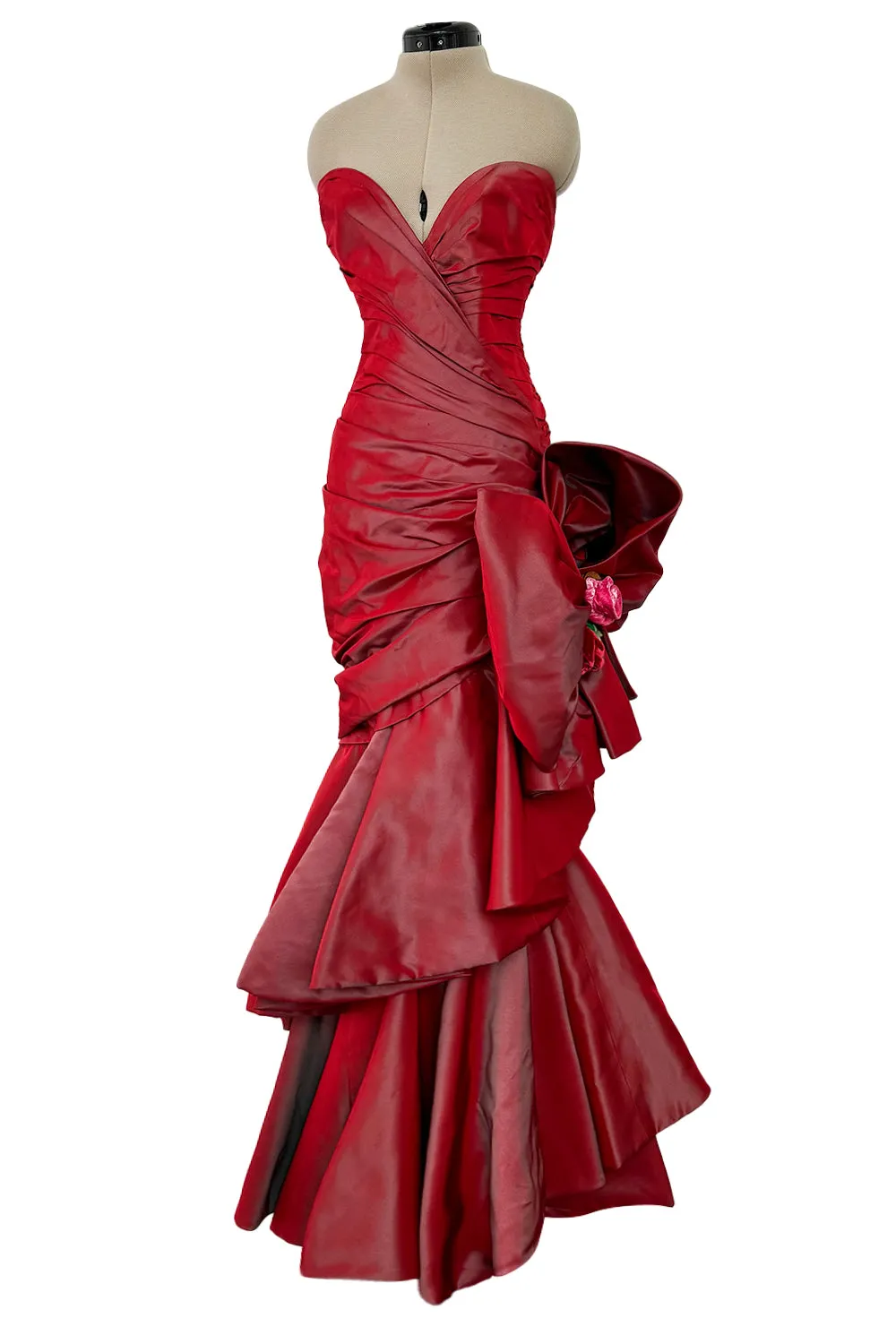 Fall 1991 Emanuel Ungaro  Haute Couture Runway Strapless Hand Draped Silk Dress w Bow