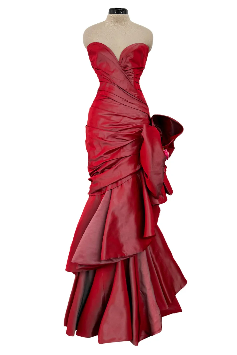 Fall 1991 Emanuel Ungaro  Haute Couture Runway Strapless Hand Draped Silk Dress w Bow