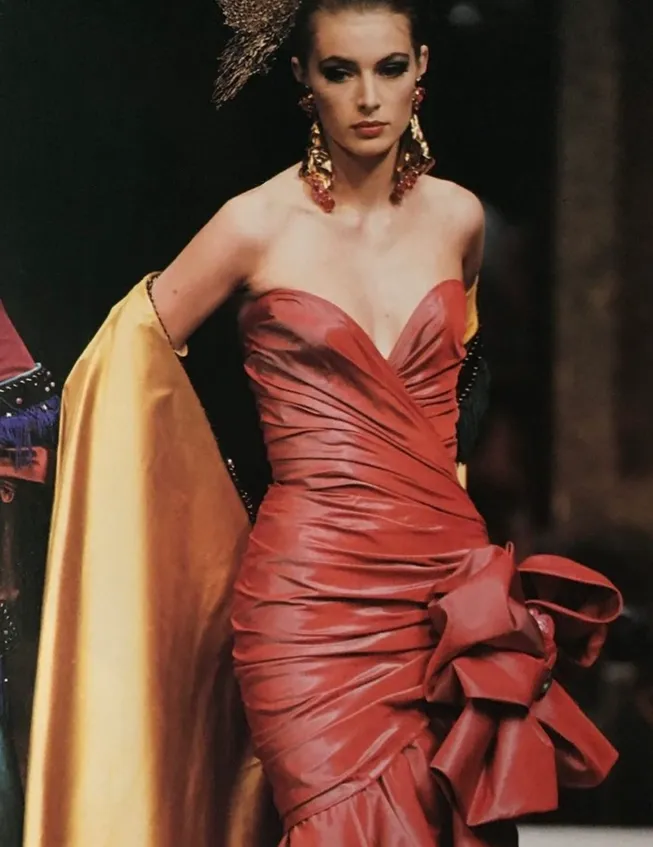 Fall 1991 Emanuel Ungaro  Haute Couture Runway Strapless Hand Draped Silk Dress w Bow