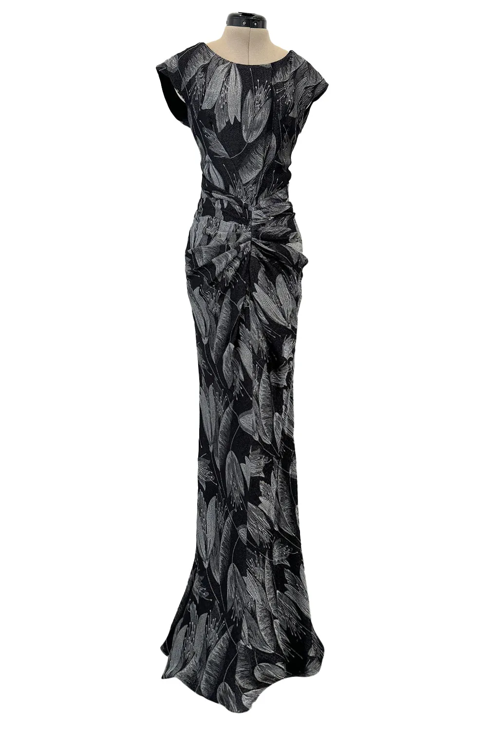 Fall 2009 Christian Dior by John Galliano Bias Cut Metallic Silver & Black Floral Print Dress