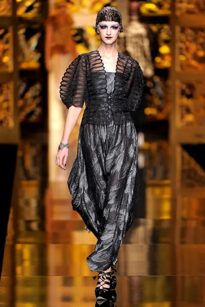 Fall 2009 Christian Dior by John Galliano Bias Cut Metallic Silver & Black Floral Print Dress