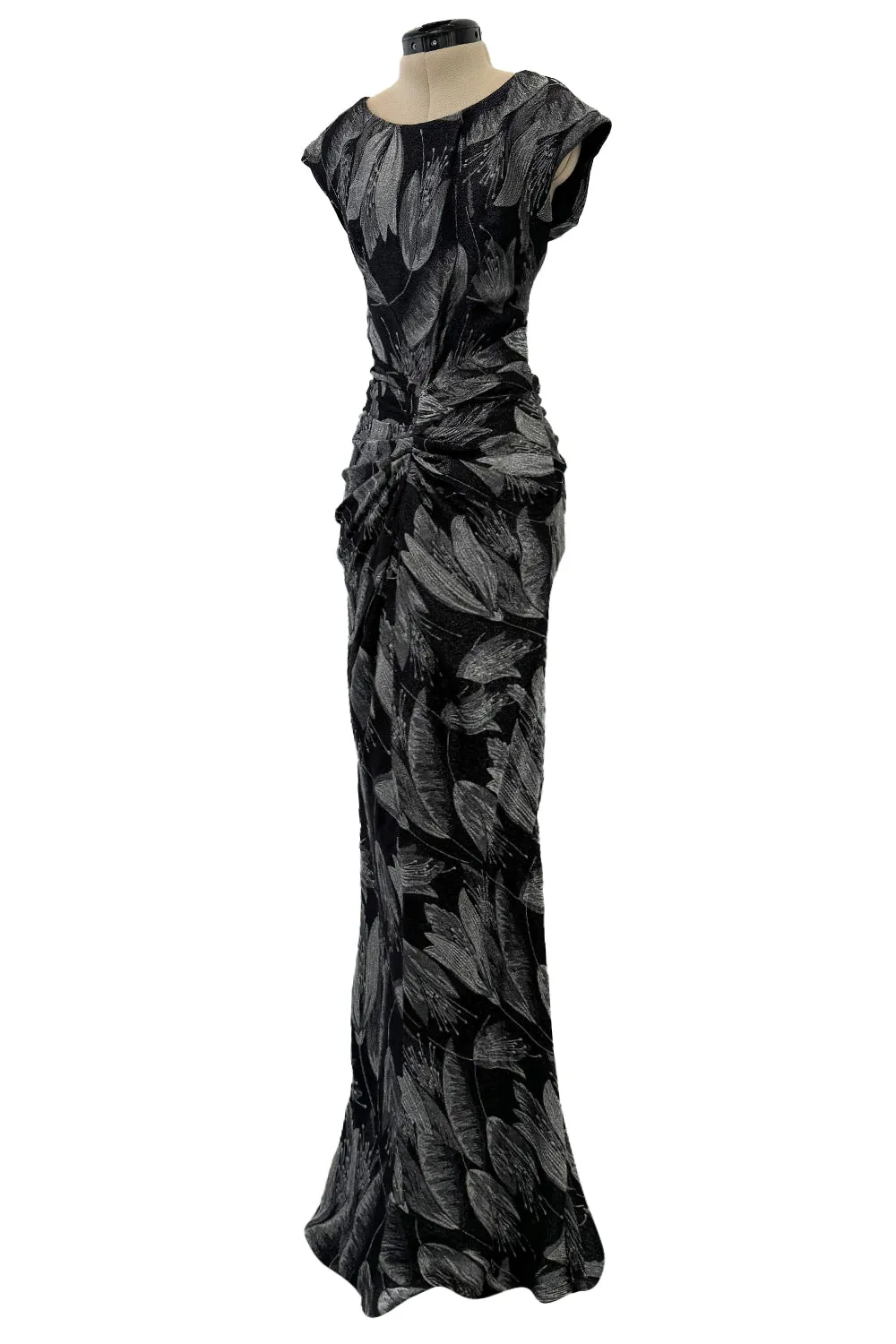 Fall 2009 Christian Dior by John Galliano Bias Cut Metallic Silver & Black Floral Print Dress