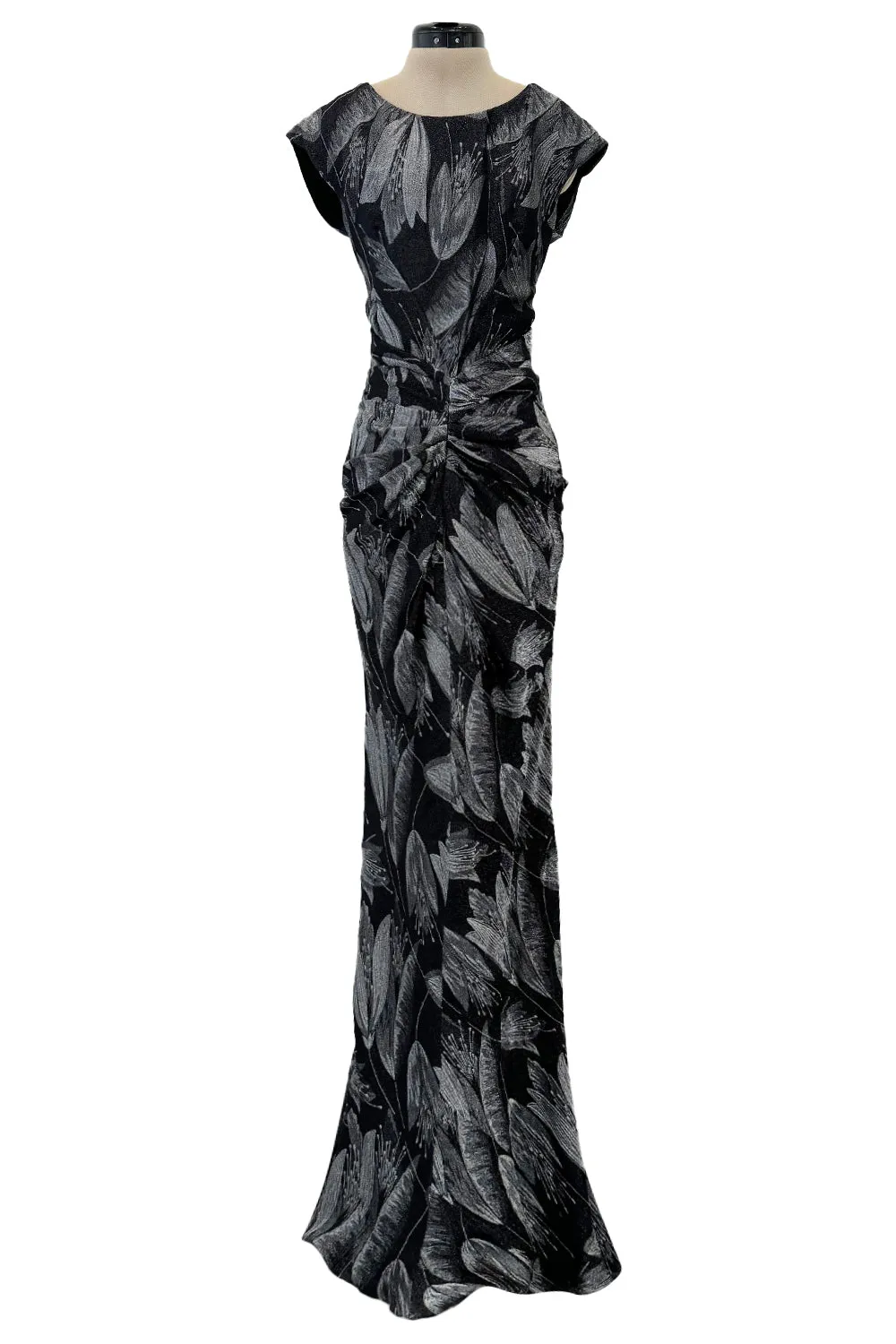 Fall 2009 Christian Dior by John Galliano Bias Cut Metallic Silver & Black Floral Print Dress