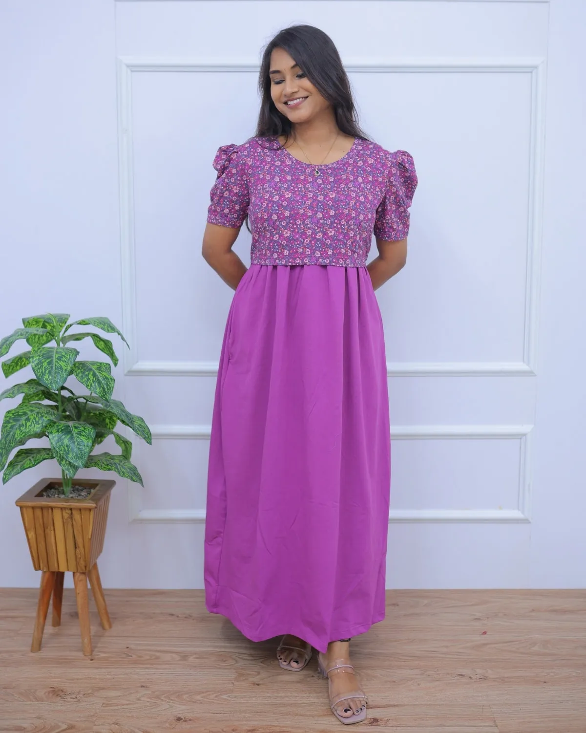 Fatima | Zipless Maternity Dress - Puff Sleeves | Full Length Maxi