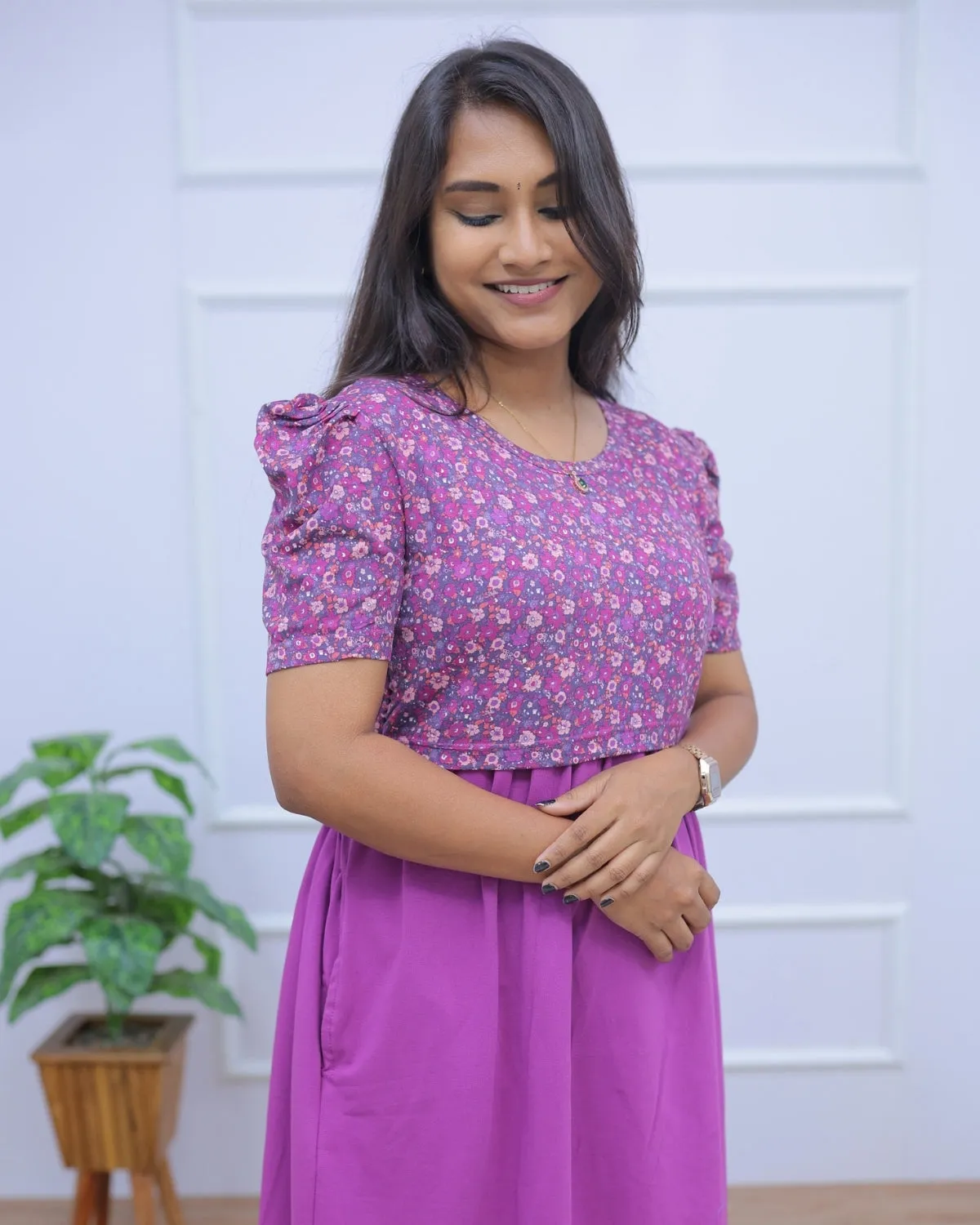 Fatima | Zipless Maternity Dress - Puff Sleeves | Full Length Maxi