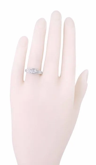 Filigree Engraved Hexagon Art Deco 1/4 Carat Diamond Engagement Ring in 14 Karat White Gold | Low Profile Engagement
