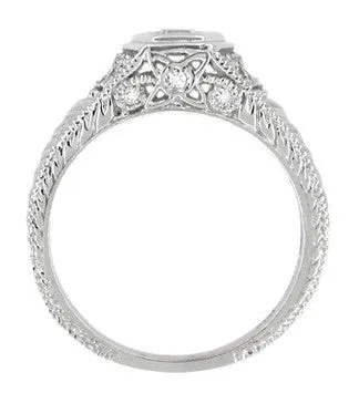 Filigree Engraved Hexagon Art Deco 1/4 Carat Diamond Engagement Ring in 14 Karat White Gold | Low Profile Engagement