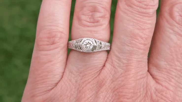 Filigree Engraved Hexagon Art Deco 1/4 Carat Diamond Engagement Ring in 14 Karat White Gold | Low Profile Engagement