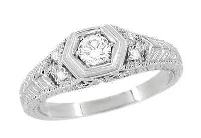 Filigree Engraved Hexagon Art Deco 1/4 Carat Diamond Engagement Ring in 14 Karat White Gold | Low Profile Engagement