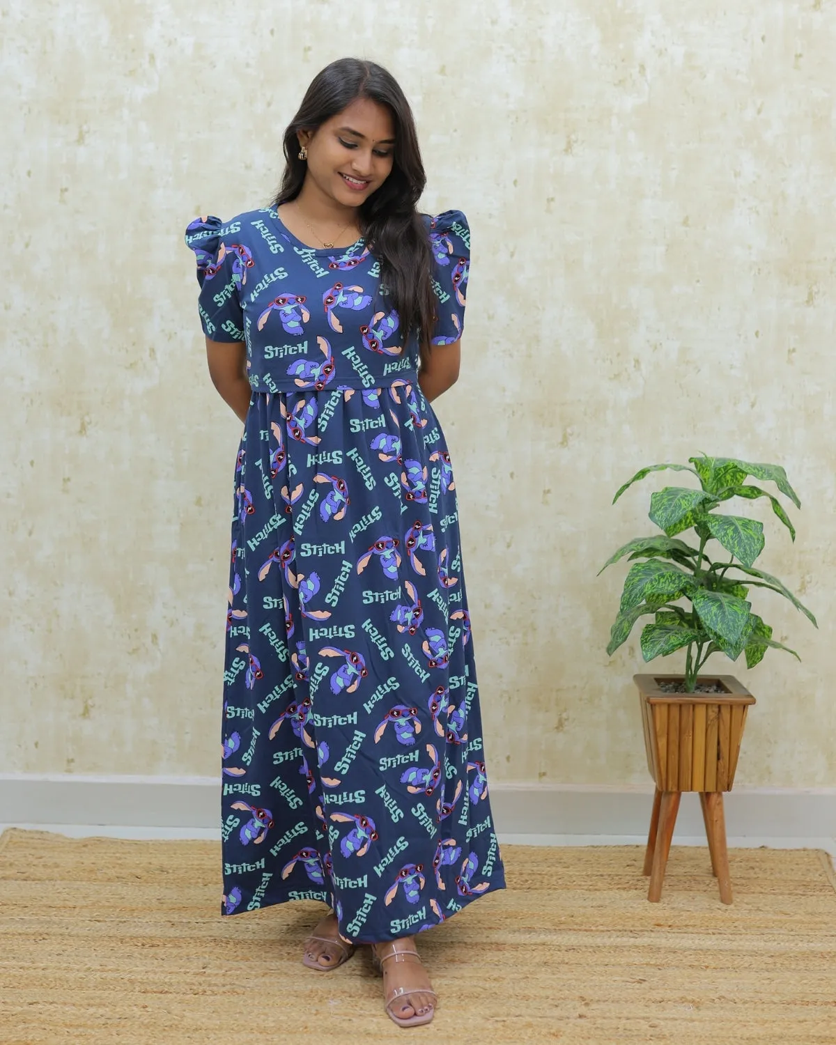 Fiza | Zipless Maternity Dress - Puff Sleeves | Full Length Maxi