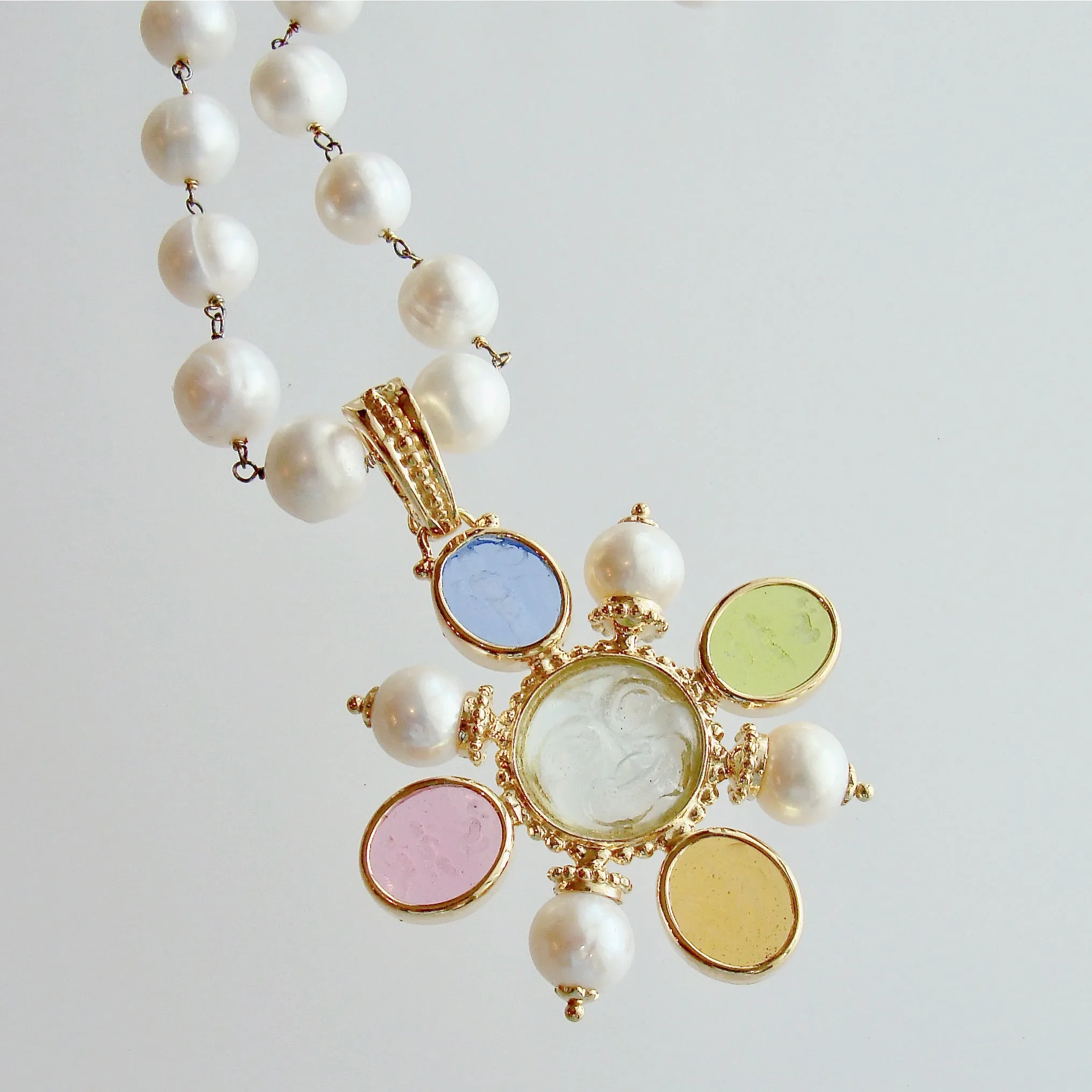 Freshwater Pearls Removable Venetian Pastel Intaglio Maltese Cross Pendant - Basiglio Necklace