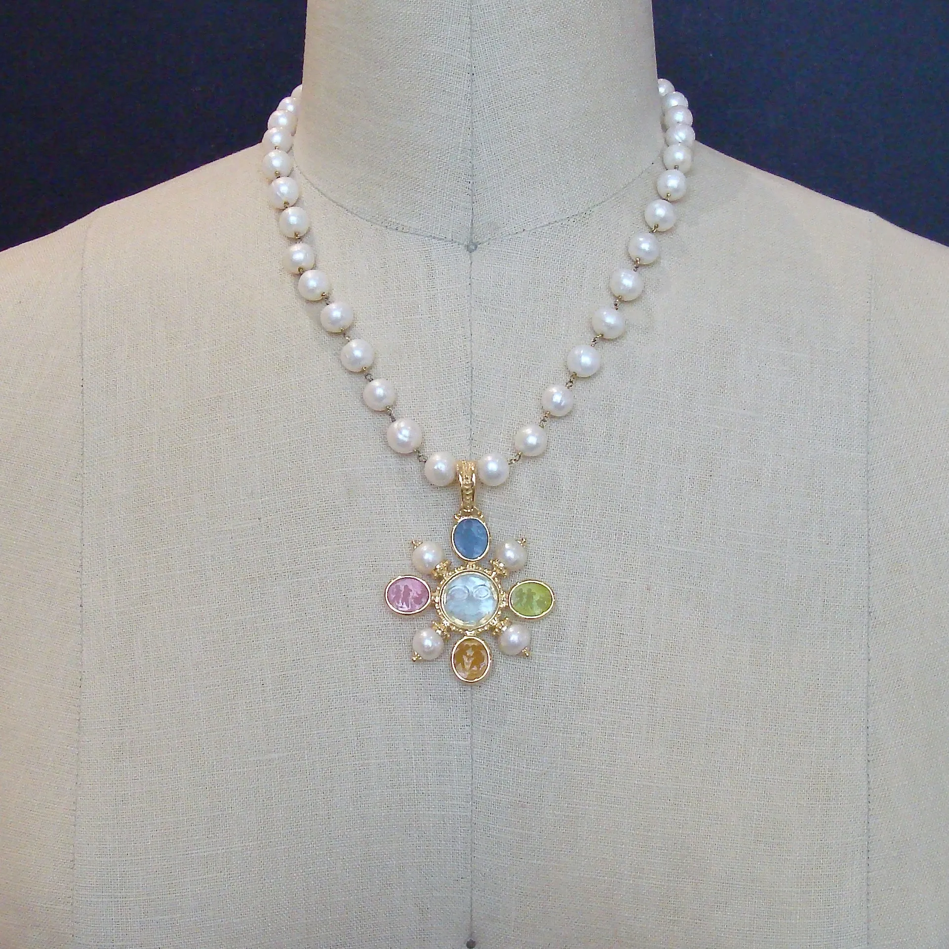 Freshwater Pearls Removable Venetian Pastel Intaglio Maltese Cross Pendant - Basiglio Necklace