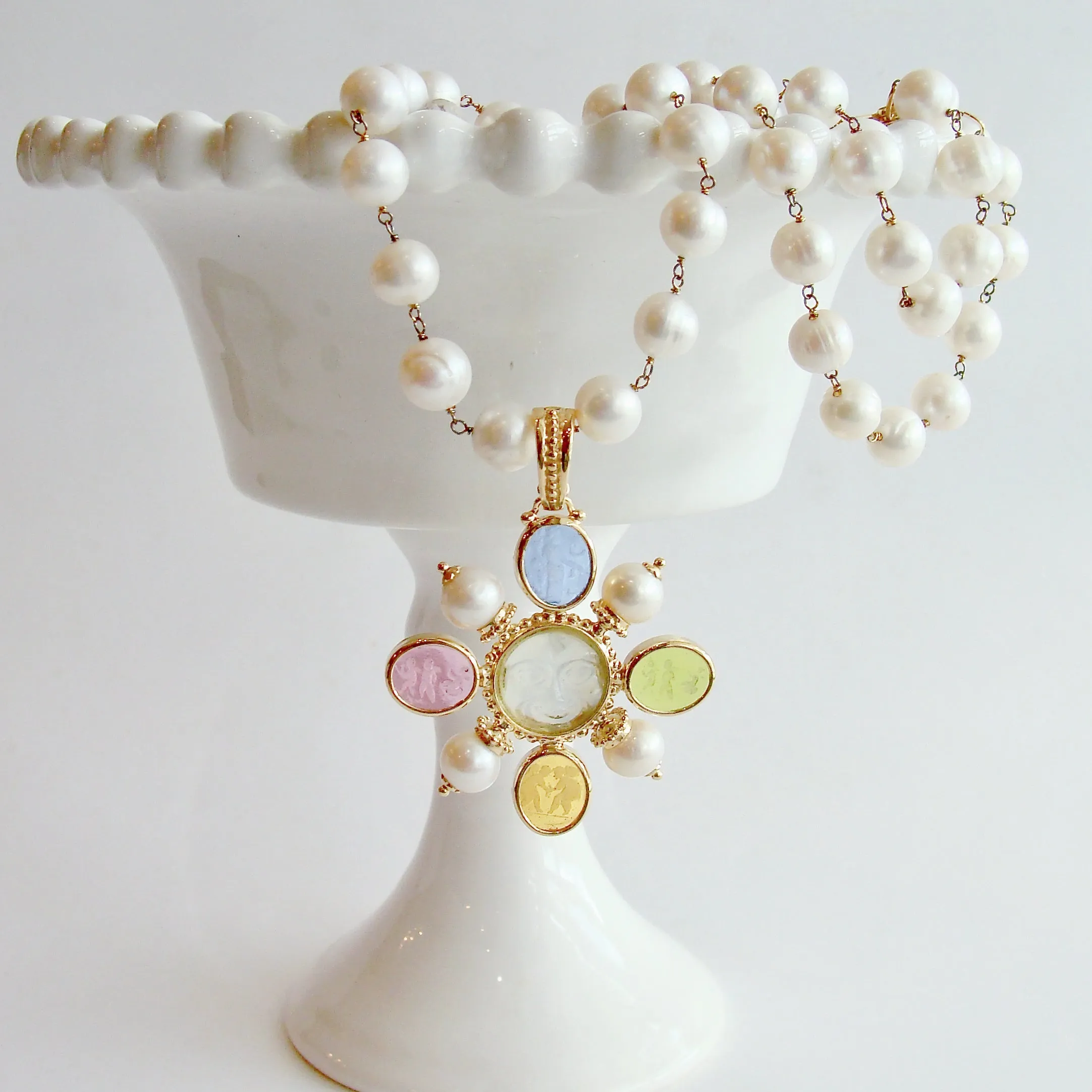 Freshwater Pearls Removable Venetian Pastel Intaglio Maltese Cross Pendant - Basiglio Necklace