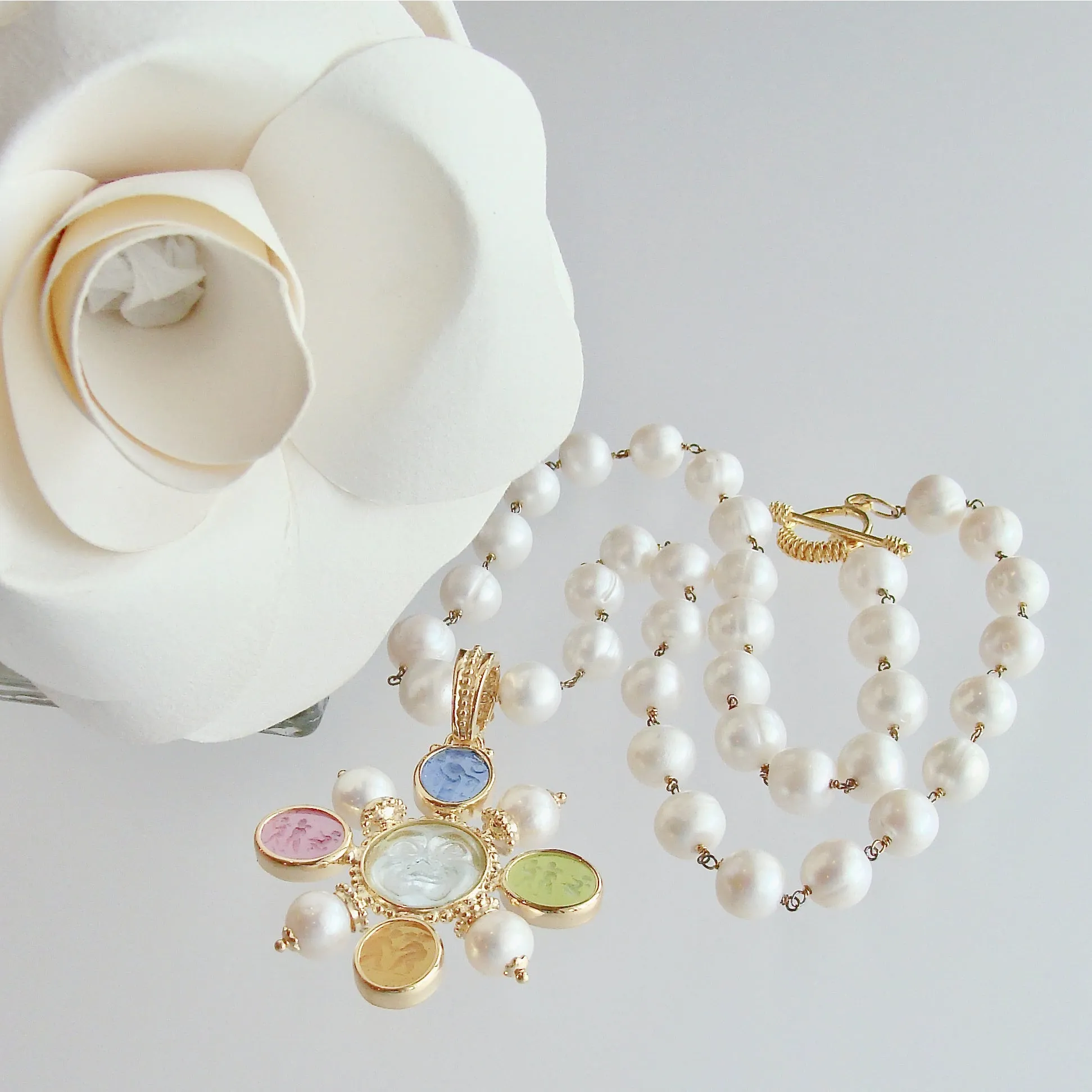 Freshwater Pearls Removable Venetian Pastel Intaglio Maltese Cross Pendant - Basiglio Necklace