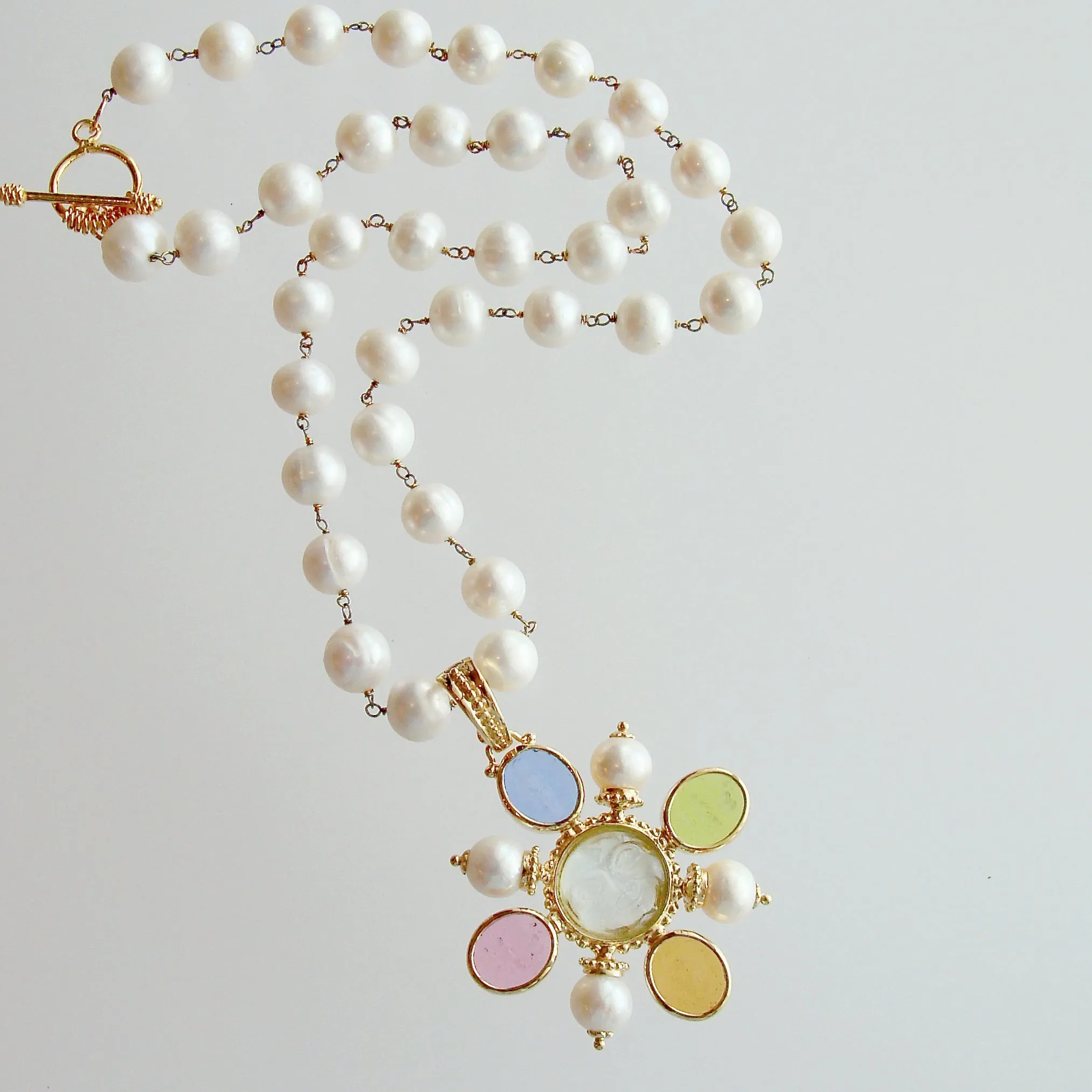 Freshwater Pearls Removable Venetian Pastel Intaglio Maltese Cross Pendant - Basiglio Necklace