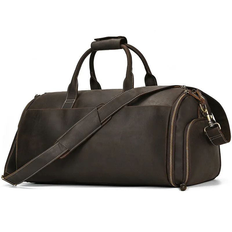 Full Grain Leather Garment Bag Mens Leather Duffel Bag Retro Leather Weekend Travel Bag Large Leather Gym Bag