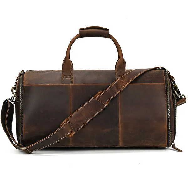 Full Grain Leather Garment Bag Mens Leather Duffel Bag Retro Leather Weekend Travel Bag Large Leather Gym Bag