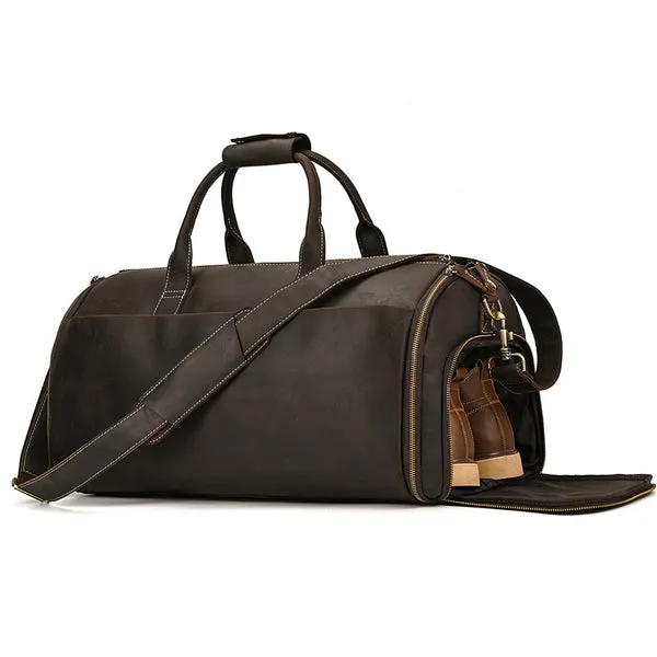 Full Grain Leather Garment Bag Mens Leather Duffel Bag Retro Leather Weekend Travel Bag Large Leather Gym Bag