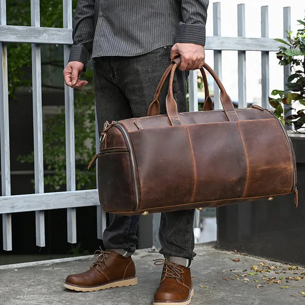 Full Grain Leather Garment Bag Mens Leather Duffel Bag Retro Leather Weekend Travel Bag Large Leather Gym Bag