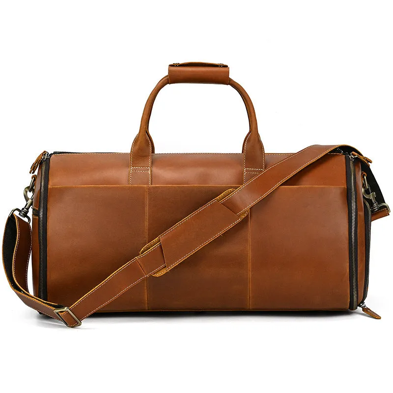 Full Grain Leather Garment Bag Mens Leather Duffel Bag Retro Leather Weekend Travel Bag Large Leather Gym Bag