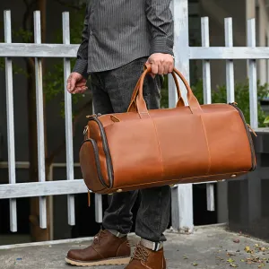 Full Grain Leather Garment Bag Mens Leather Duffel Bag Retro Leather Weekend Travel Bag Large Leather Gym Bag