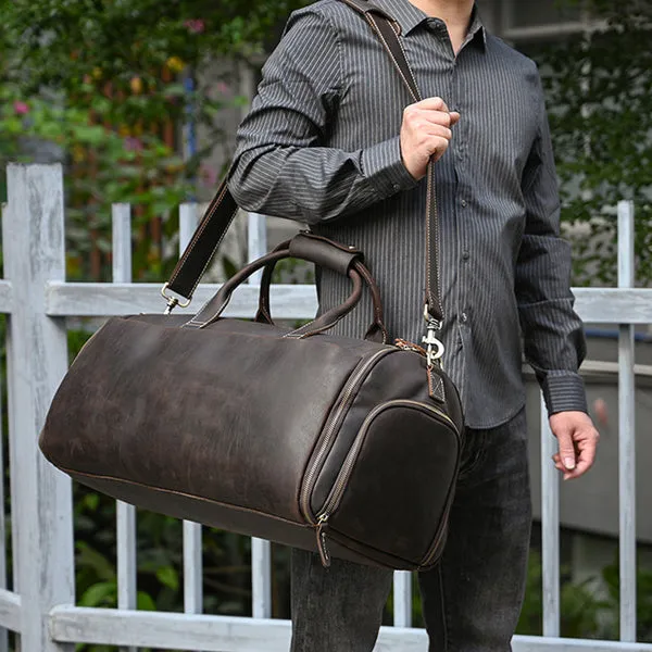 Full Grain Leather Garment Bag Mens Leather Duffel Bag Retro Leather Weekend Travel Bag Large Leather Gym Bag