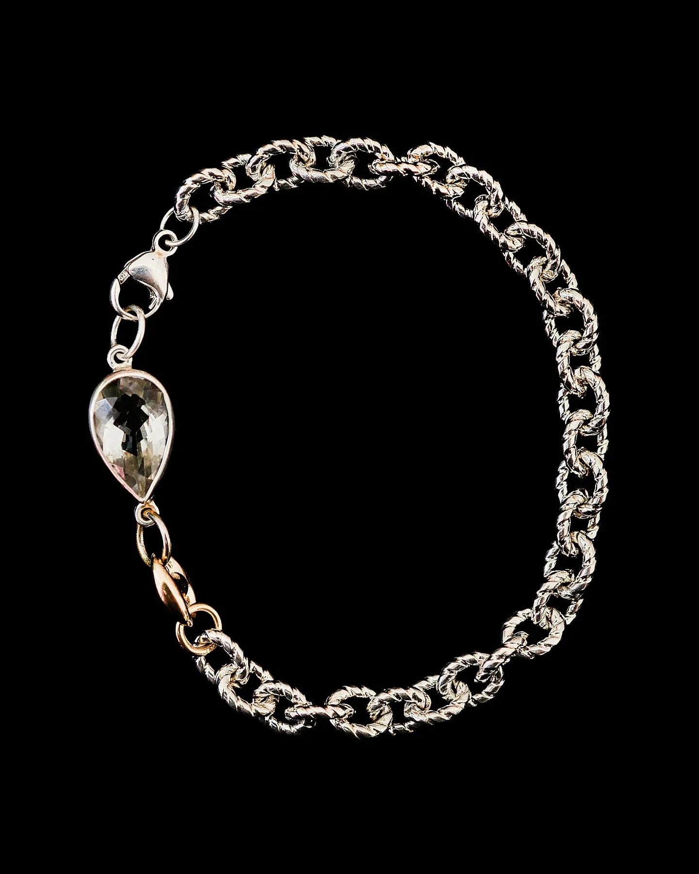 Ghost Amethyst Tear Drop Cut Gem on Rope Link Bracelet