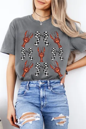 Gray Checkered Bow Crawfish Printed Summer Tee
