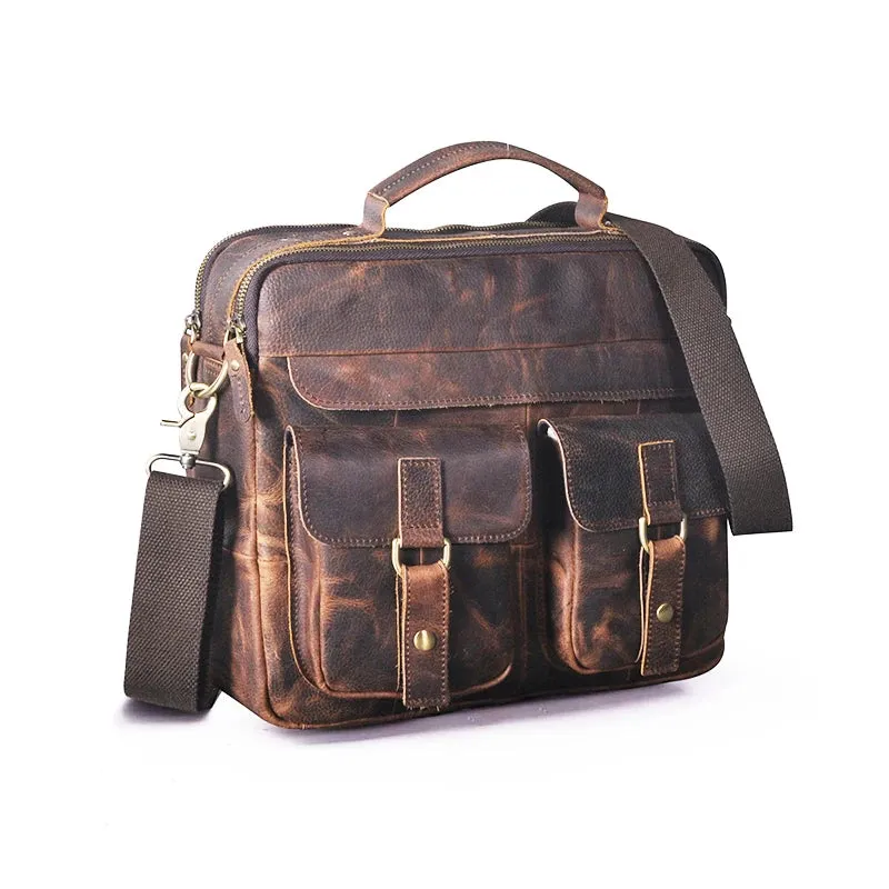Grosso - Men's Vintage Leather Messenger Briefcase 13-Inch Laptop Bag with Multi-Pocket