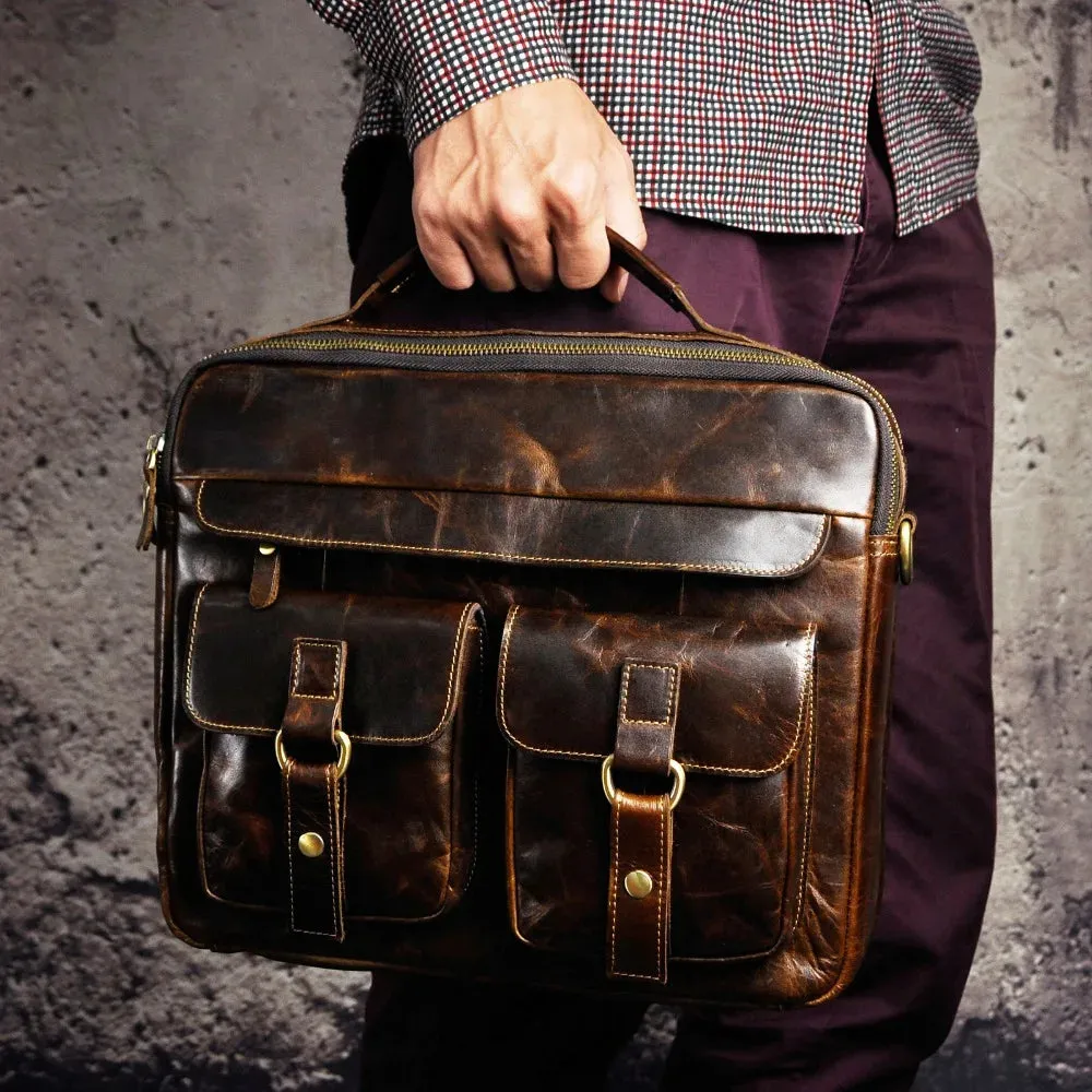 Grosso - Men's Vintage Leather Messenger Briefcase 13-Inch Laptop Bag with Multi-Pocket