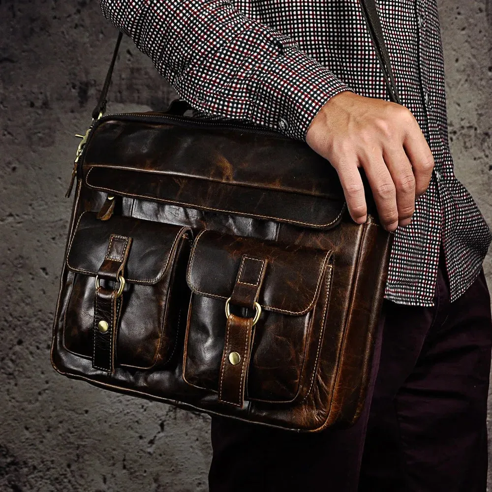 Grosso - Men's Vintage Leather Messenger Briefcase 13-Inch Laptop Bag with Multi-Pocket