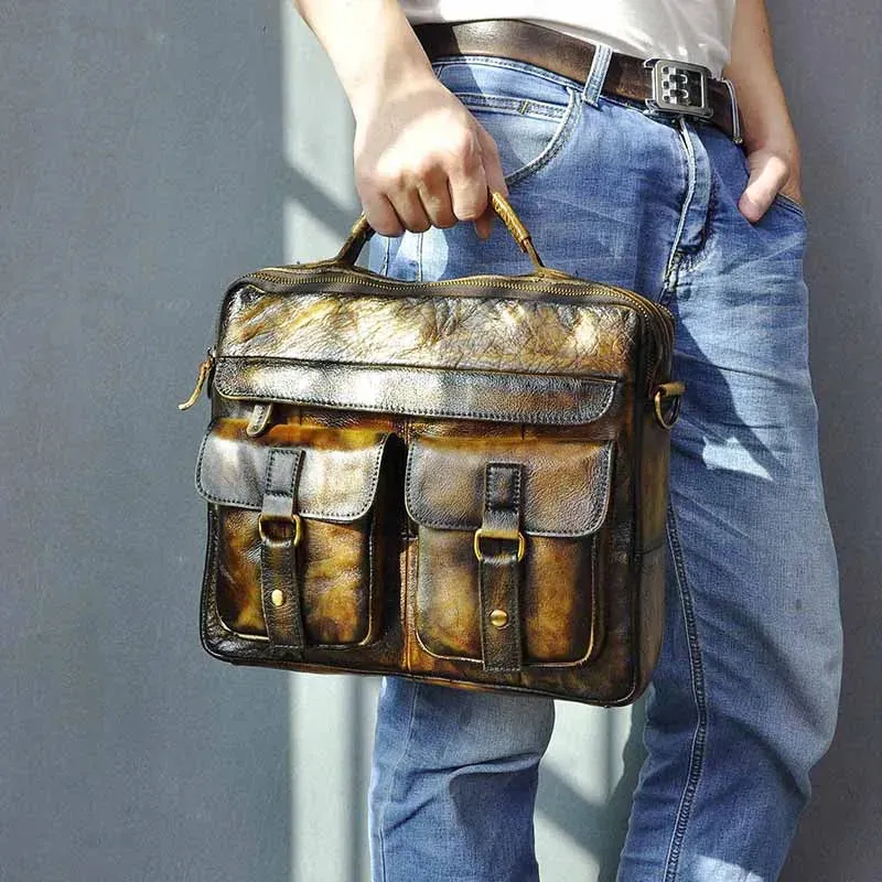 Grosso - Men's Vintage Leather Messenger Briefcase 13-Inch Laptop Bag with Multi-Pocket