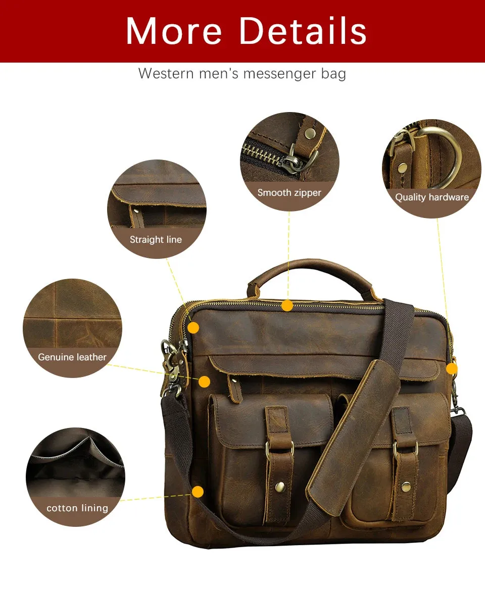 Grosso - Men's Vintage Leather Messenger Briefcase 13-Inch Laptop Bag with Multi-Pocket