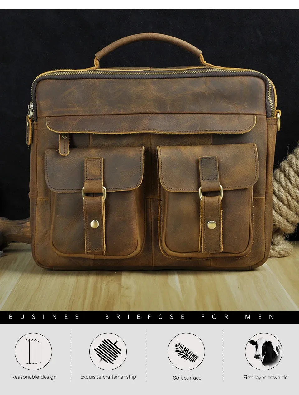 Grosso - Men's Vintage Leather Messenger Briefcase 13-Inch Laptop Bag with Multi-Pocket