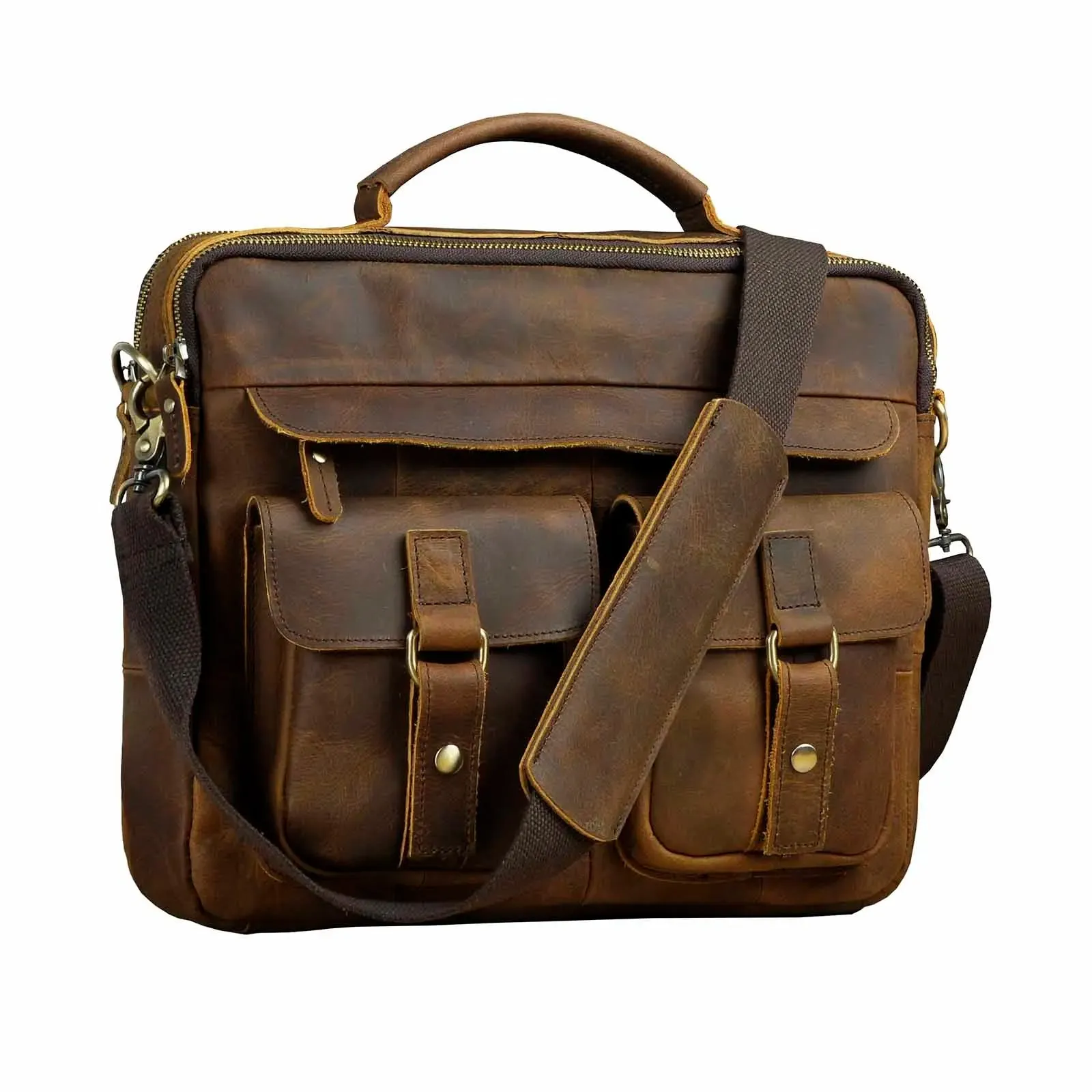 Grosso - Men's Vintage Leather Messenger Briefcase 13-Inch Laptop Bag with Multi-Pocket