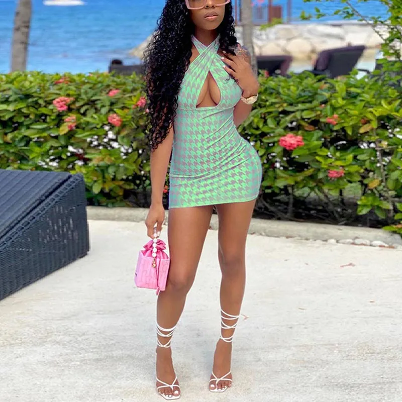 Halter Neck Houndstooth Print Bodycon Mini Dress